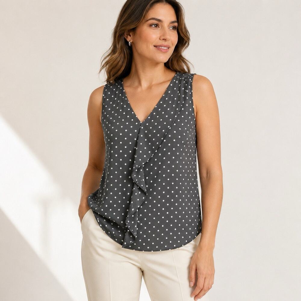 LOFT Outlet Polka Dot Ruffle Sleeveless Blouse Women’s M Gray White